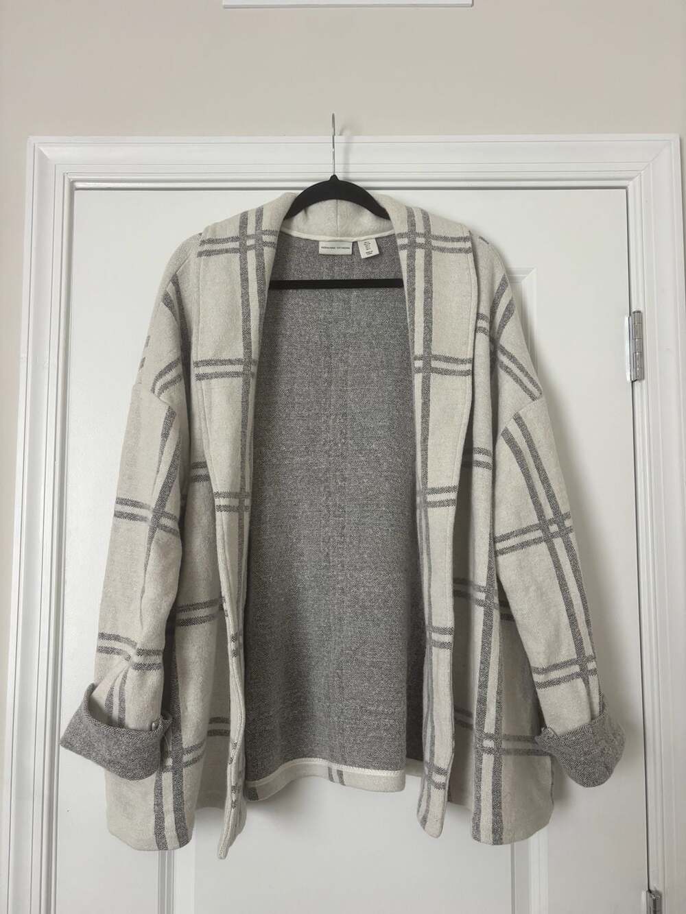 Adrienne Vittadini Open Front Gray Plaid Wool Jacket